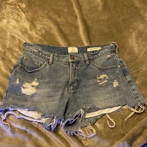 American Eagle Shorts (Mid Saturday), they are a size 8, and the color is blue.